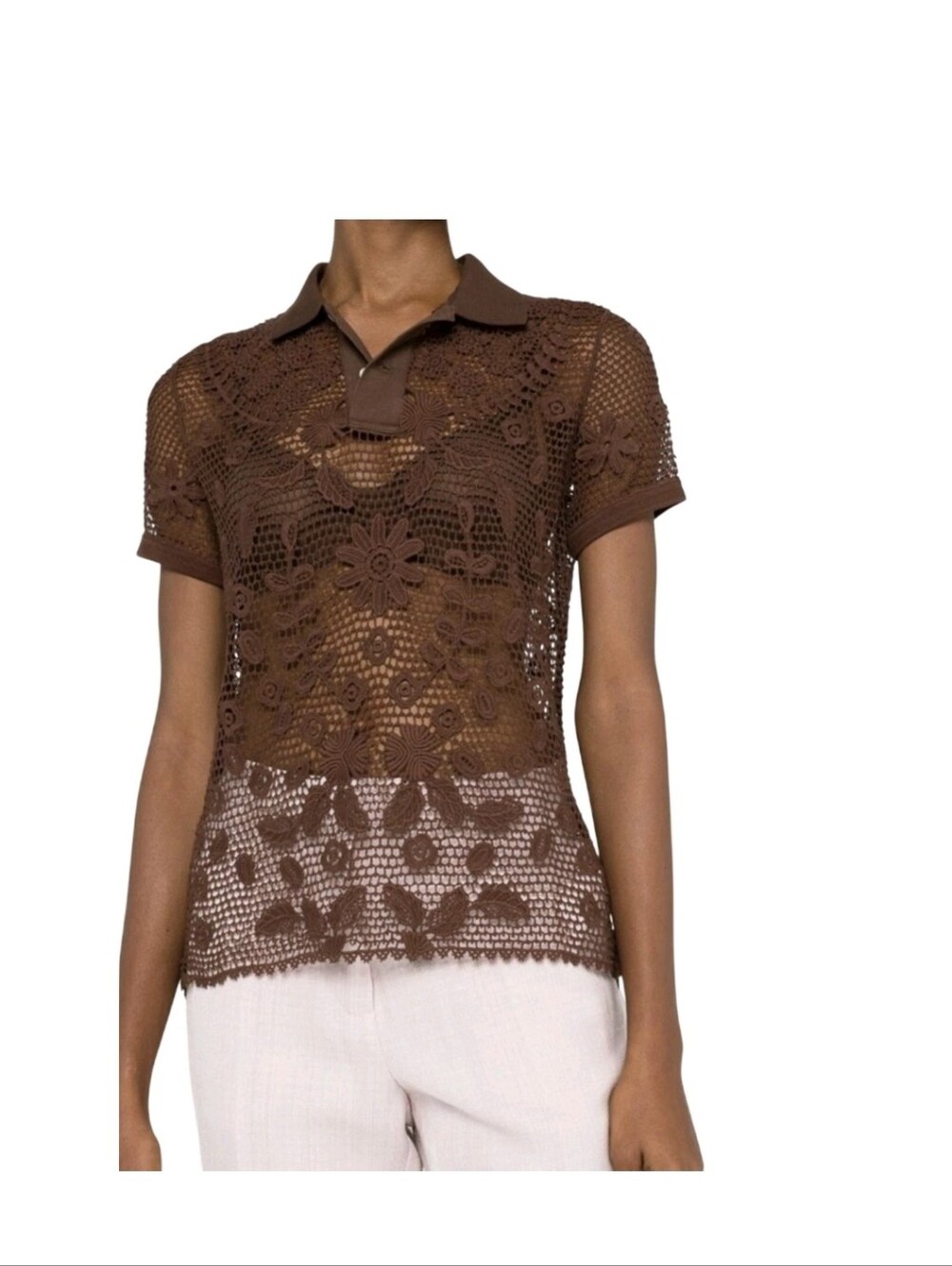 Polo Ralph Lauren Chocolate Brown Floral Lace Crochet Polo Shirt Top M